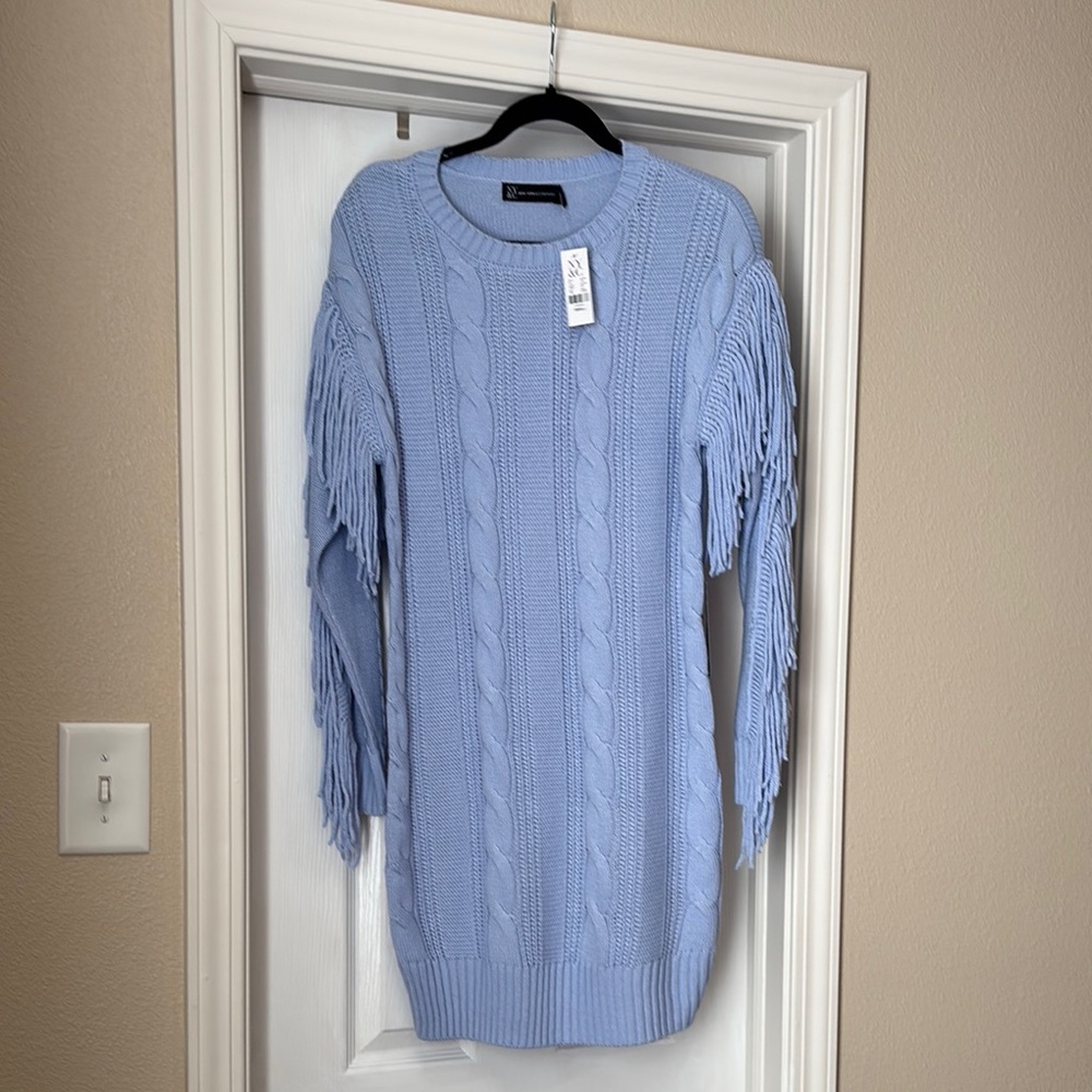 NWT adorable NY&Co Blue Fringe Sweater Dress